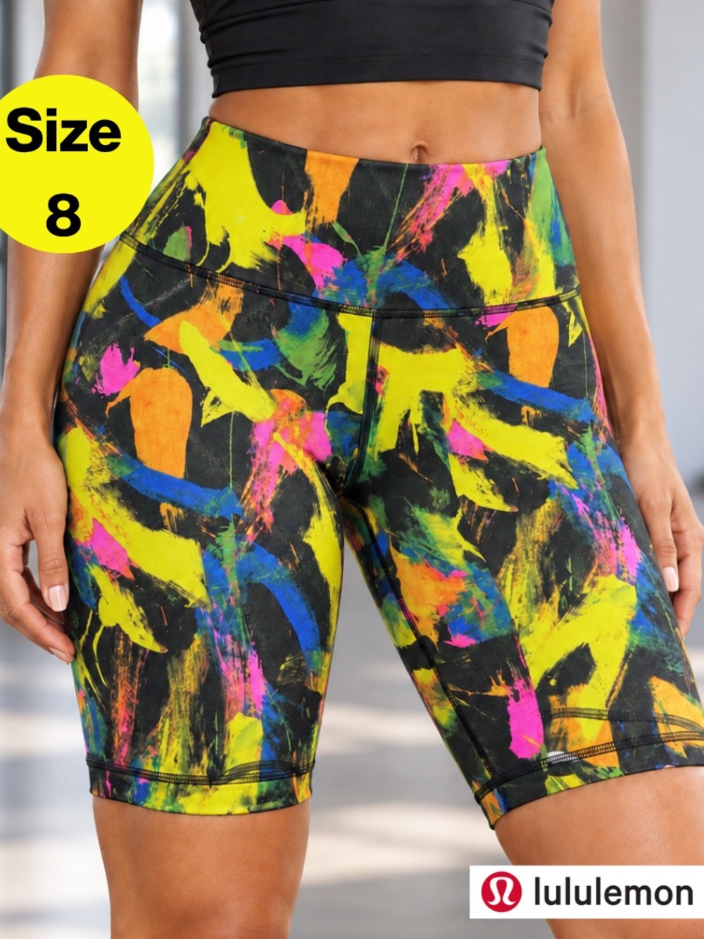 LULULEMON 🌟 Black Multicolor Paint-Brush Printed Biker Shorts (Women’s 8)